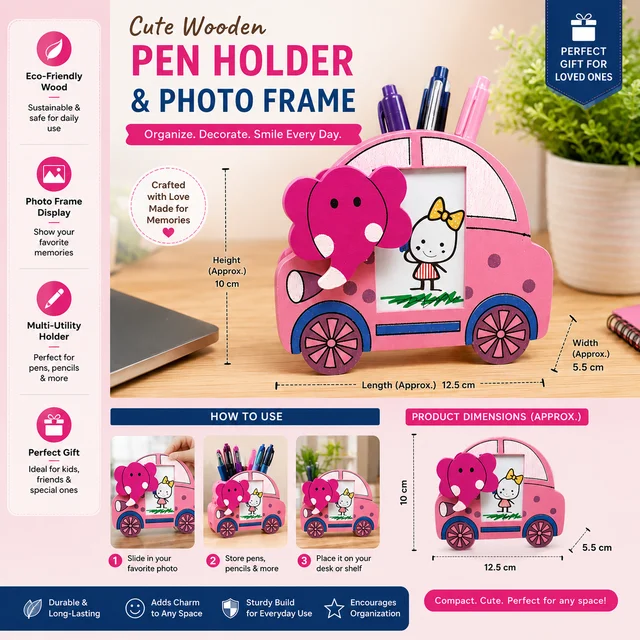 Cute Wooden Car Pen Holder with Photo Frame – Multi-Utility Desk Organizer for Pens, Pencils| Decorative Wooden Tabletop Stand for Kids Study Table, Office Desk & Home Décor
