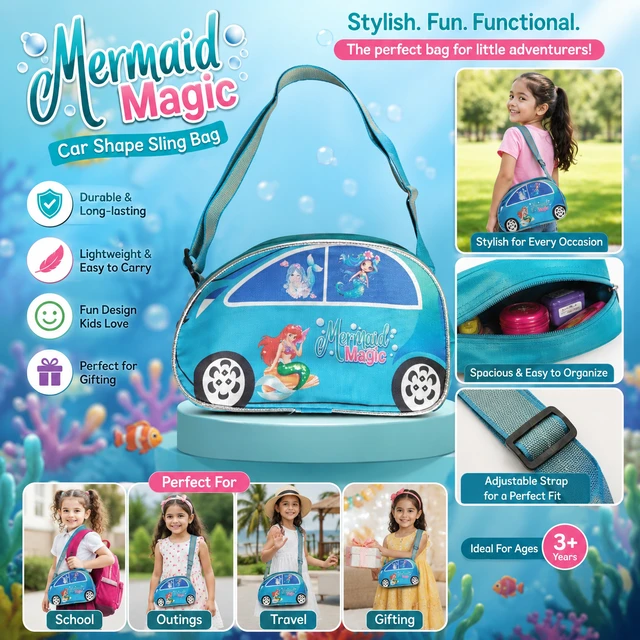 Kids Car Shape Sling Bag for Kids ( RANDOM COLOURS& DESIGNS )| Cute Cartoon Crossbody Bag | Lightweight Zipper Travel & Picnic Bag | Adjustable Shoulder Strap | Multipurpose Carry Bag for Kids