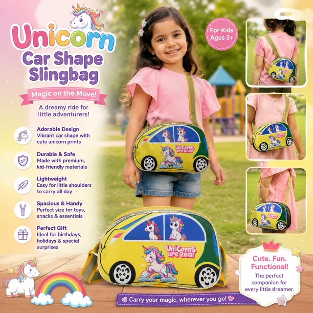 Unicorn Car Shape Sling Bag for Kids | Cute Cartoon Unicorn Printed Handbag | Lightweight Zipper Shoulder Bag for Girls | Travel, Picnic, School & Daily Use