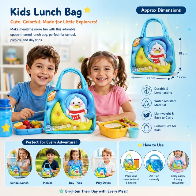 Kids Space Theme Lunch Bag for Boys & Girls | Lightweight Reusable Lunch Tote with Soft Handle | Cute Astronaut Duck Design School Lunch Bag
