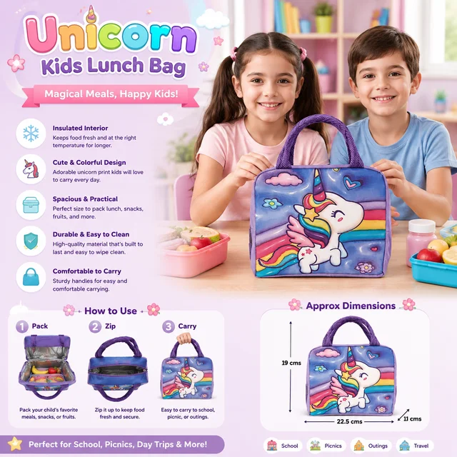 Unicorn Kids Lunch Bag for kids (Random Colours & Designs)i| Cute Rainbow Unicorn Lunch Bag| Reusable Lightweight School Tiffin Bag with Soft Handles | Lunch Carry Bag for School, Picnic & Travel