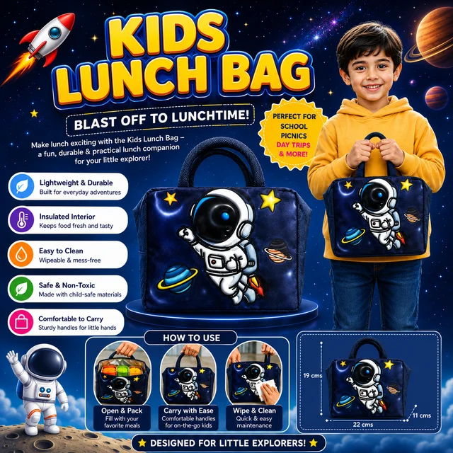 Kids Astronaut Lunch Bag for Boys & Girls | Space Theme Lunch Bag with Sturdy Handles | Reusable Lunch Box Carry Bag for School, Picnic & Travel