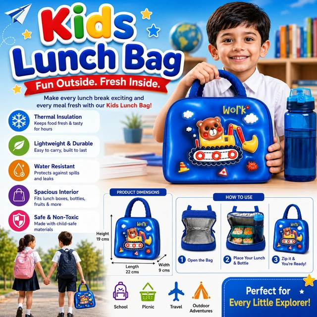 Kids Lunch Bag for Boys & Girls | Thermal Lunch Tote with Cute Bear Construction Design | Reusable Leak-Resistant Lunch Carrier for School, Picnic & Travel