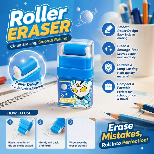 Cute Cartoon Roller Eraser for Kids – Smooth Rolling Pencil Eraser, Smudge-Free Correction Tool, Portable School & Office Stationery, Compact Retractable Design