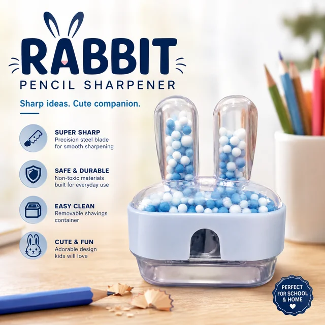 Rabbit Pencil Sharpener for Kids – Cute Bunny Design Manual Sharpener with Shavings Container, Portable School & Office Stationery Supplies