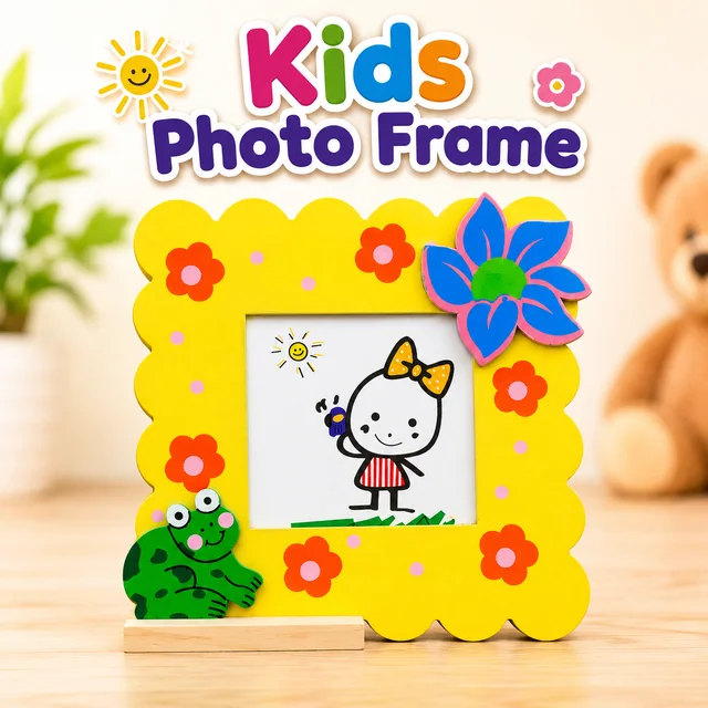 Kids Decorative Photo Frame for Table Display size (15*15 cm) | Cute Cartoon Wooden Photo Frame with Frog & Flower Design | Colorful Kids Room Photo Holder for Baby & Children Pictures