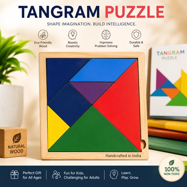 Wooden Tangram Puzzle Board for Kids & Adults | Colorful Geometric Shape Matching Brain Teaser Game | Educational Montessori Learning Toy | Handcrafted in India
