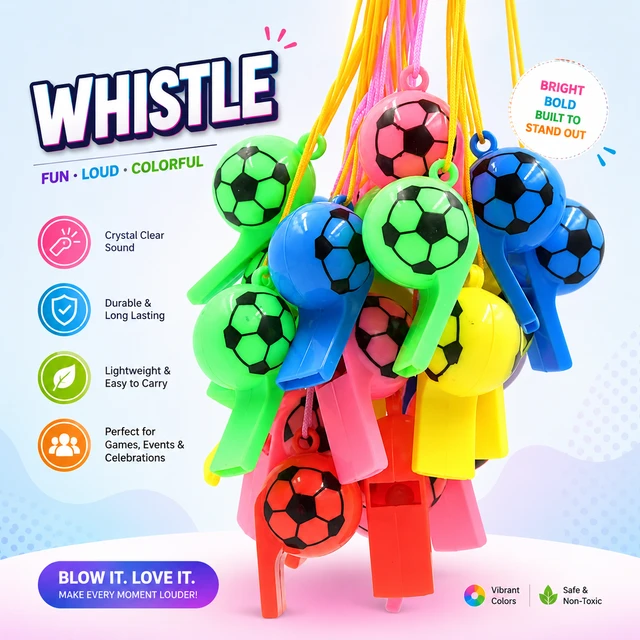 Kids Football Whistle with Ball Design RANDOM COLOURS ( PIECE-1) | Colorful Hanging Whistles for Children | Party Return Gifts & Outdoor Fun Toy Pack