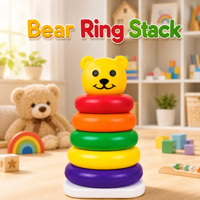 Kids Colorful Bear Ring Stacking Toy for Babies & Toddlers | Educational Rainbow Stacker with Soft Rings | Hand Eye Coordination & Early Learning Toy -