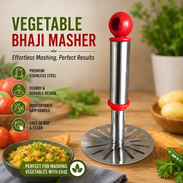 Premium Stainless Steel Vegetable & Potato Masher with Ergonomic Silicone Grip Handle – Heavy Duty Kitchen Masher for Potato, Bhaji, Fruits & Vegetables