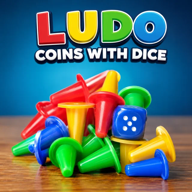 Ludo Coins with Dice Set for Board Games | Colorful Plastic Playing Pawns & Dice Combo | Indoor Family Game Accessories for Kids & Adults