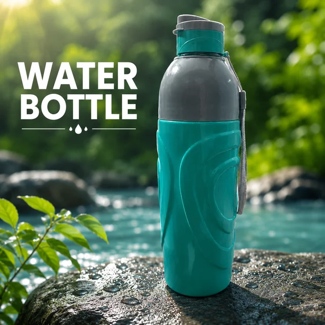 Reusable Leakproof Water Bottle with Flip Cap & Carry Strap | Stylish Plastic Sports Water Bottle for Gym, Office, School & Travel | Grey & Aqua Green