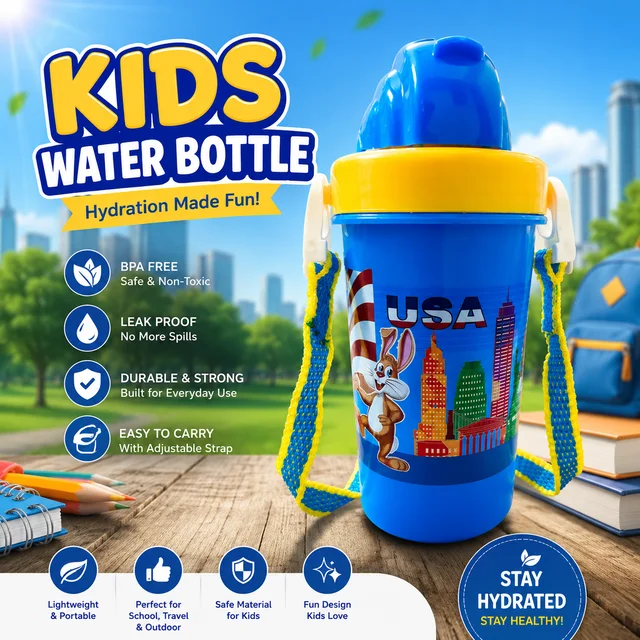Kids Water Bottle with Adjustable Strap – Leak Proof BPA Free Sipper Bottle for School, Travel & Outdoor Activities – Lightweight Cartoon Design Water Bottle for Boys & Girls (Blue & Yellow)