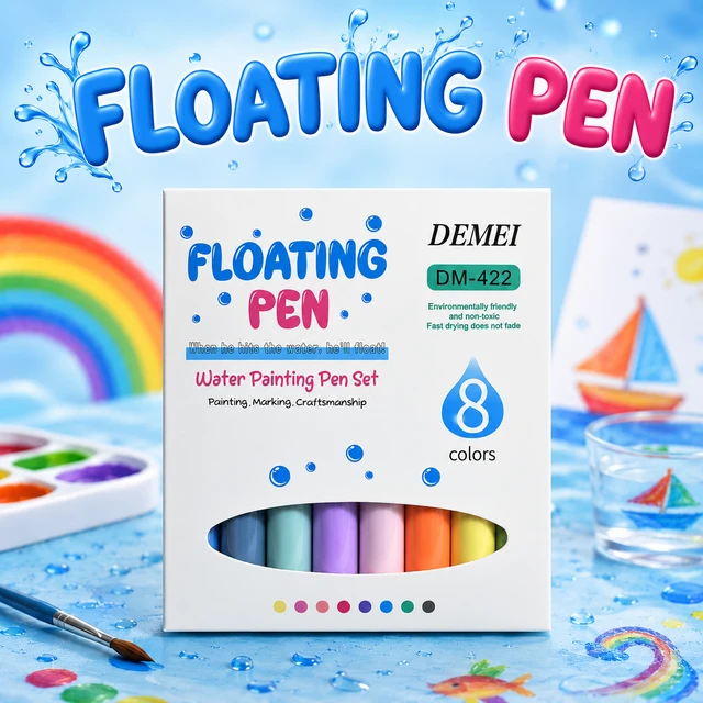 DEMEI Floating Pen Water Painting Pen Set – 8 Colors Water Floating Markers for Kids & Adults, Quick Drying Non-Toxic DIY Drawing Pens for Ceramic Spoon, Glass & Craft Painting