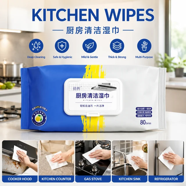 Premium Kitchen Cleaning Wipes – Multipurpose Disposable Kitchen Wipes for Oil, Grease & Stain Removal | Thick & Soft Hygienic Cleaning Wipes for Stove, Sink, Countertop & Refrigerator | 80 SERIES Pack
