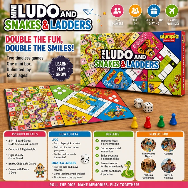 Mini Ludo and Snakes & Ladders Board Game for Kids & Family | 2-in-1 Indoor Fun Game Set | Travel Friendly Compact Board Game | Educational & Entertaining Game for Boys & Girls Age 4+