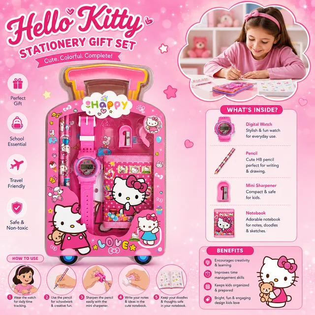 Hello Kitty Stationery Gift Set for Kids – Cute Pink School Supplies Kit with Digital Watch, Pencil, Sharpener, Mini Notebook & Accessories | Travel-Friendly Birthday Return Gift for Girls