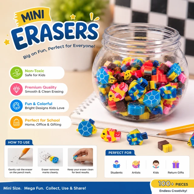 Cute Mini Cartoon Erasers in Bottle ( Random colours & Designs ) – Colorful Rubber Erasers for Kids, School Supplies, Return Gifts, Birthday Gifts, Art & Craft Accessories, Pencil Erasers Set for Students