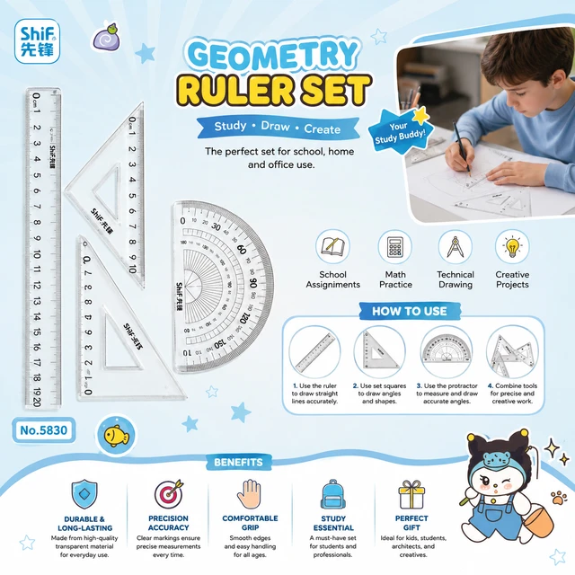 Geometry Ruler Set for Kids – 4 Piece Mini Math Tool Kit with Scale, Triangle & Protractor in Portable Pouch | School Stationery Gift Set for Students
