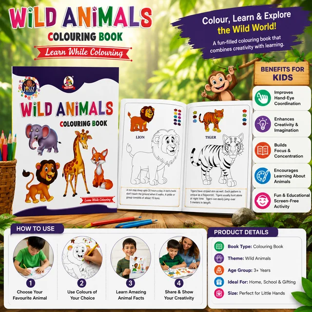 Jolly Kids Wild Animals Colouring Book for Kids | Fun Animal Coloring Activity Book | Early Learning & Creativity Development