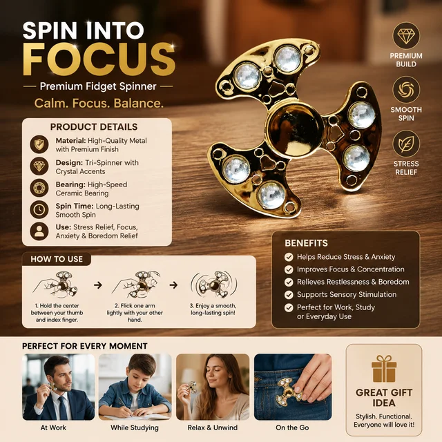 Premium Metal Fidget Spinner with Crystal Accents ( RANDOM COLOURS) | High-Speed Stress Relief Hand Spinner Toy for Kids & Adults | Smooth Silent Spin Desk Toy