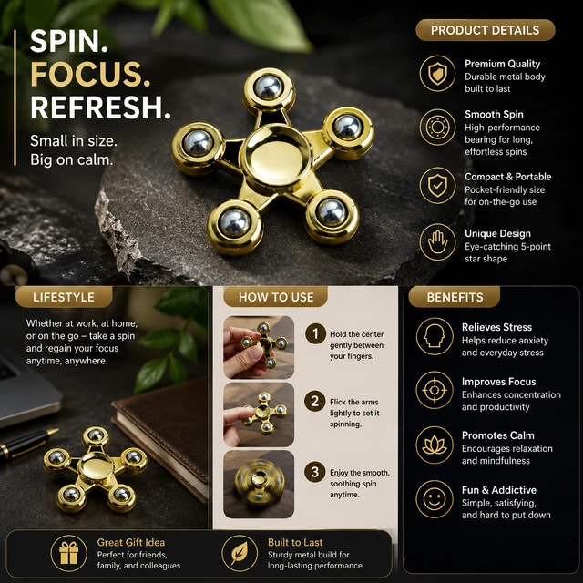 Premium Metal Fidget Spinner Toy ( RANDOM COLOURS ) – 5 Arm Golden Hand Spinner for Stress Relief, Focus & Anxiety Reduction | Smooth High-Speed Bearing | Pocket Size Spinner for Kids & Adults