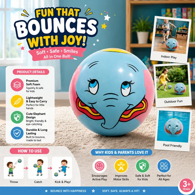 Cute Elephant Print Soft Foam Ball for Kids – Lightweight Safe Play Ball for Indoor & Outdoor Fun | Soft Touch Bounce Ball for Toddlers & Children