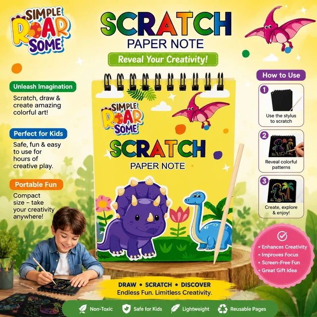 Simple ROAR Some Scratch Paper Note Book for Drawing & Writing | Mini Spiral Scratch Art Pad with Wooden Stylus | Dinosaur Theme Rainbow Scratch Notebook for Boys & Girls