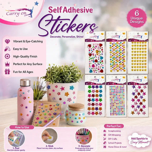 Carry On Self Adhesive Stickers pack -1( RANDONM COLOURS & DESIGNS) – Multicolor Decorative Gem, Smiley, Flower & Star Stickers for Crafts, Scrapbooking, Gift Wrapping & DIY Projects (6 Unique Designs)
