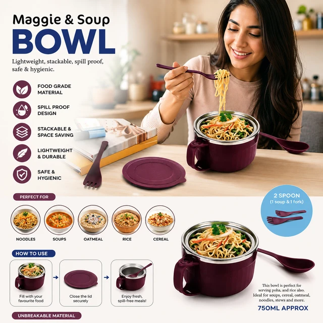 Maggie & Soup Bowl with Lid, Spoon & Fork Set ( RANDOM COLOURS ) – 750ml Insulated Food Bowl, Spill-Proof, Lightweight & Unbreakable Container for Soup, Noodles, Poha, Oatmeal & Rice