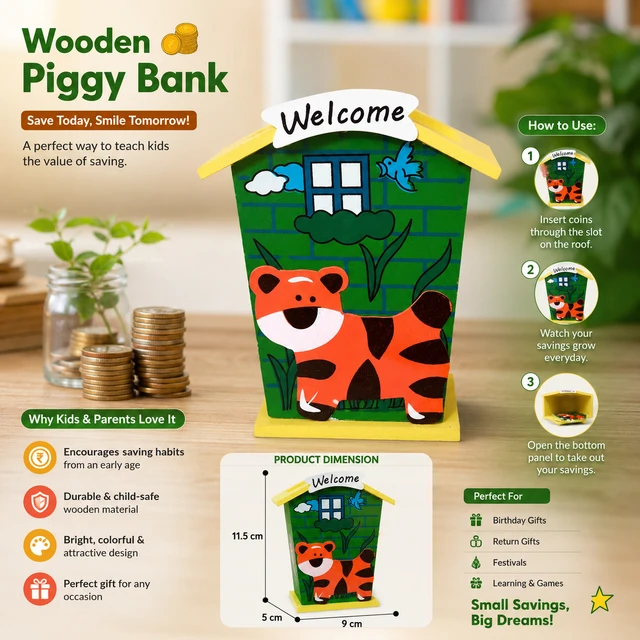 Wooden Welcome House Coin piggy Bank for Kids | Cartoon Tiger Design Piggy Bank | Cute Wooden Savings Box | Money Saving Bank for Boys & Girls | Decorative Coin Collection Box