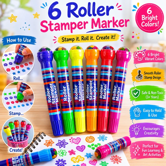 6 Colors Roller Stamper Marker Set for Kids ( Random designs )| Creative Drawing & Pattern Stamp Markers |Color Markers for Art, Craft, School Projects & DIY Activities