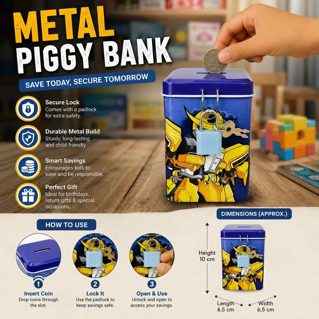 Mini Metal Piggy Bank with Lock & Keys for Kids ( RANDOM COLOURS & DESIGNS) | Cartoon Robot Design Coin Saving Box | Portable Money Bank for Boys & Girls | Secure Cash Storage Box