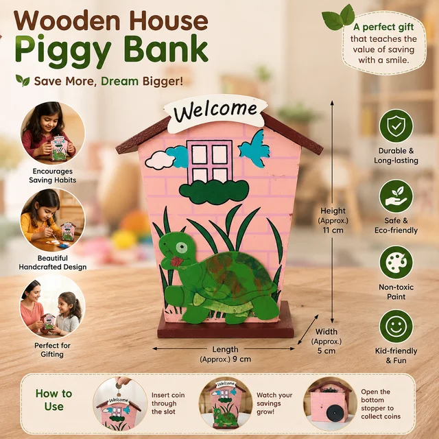 Wooden House Shape Piggy Bank for Kids | Cartoon Turtle Design Coin Bank | Savings Money Box for Boys & Girls | Decorative Wooden Coin Collection Box | Pink House Theme