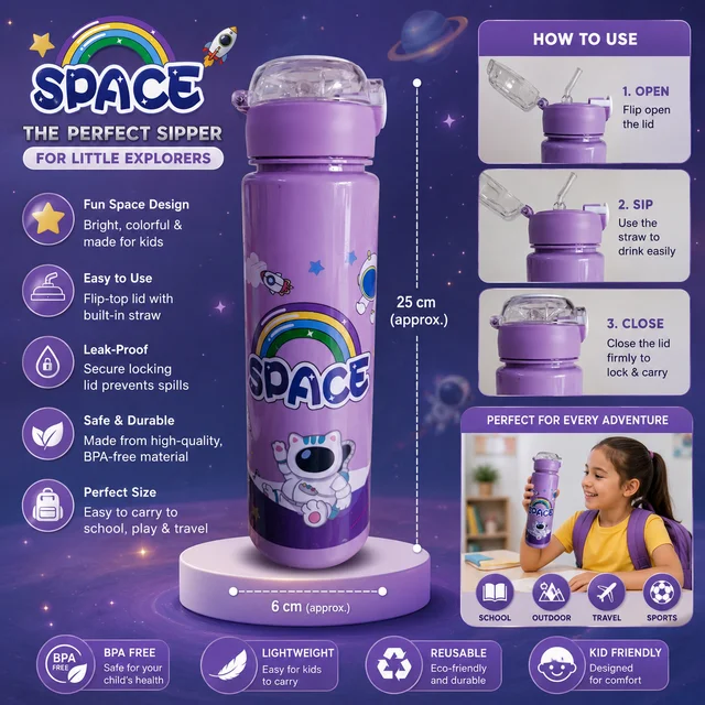 Kids sipper Water Bottle with Flip Top Lid ( RANDOM COLOURS & DESIGNS) | Leakproof School Water Bottle for Boys & Girls | Cute Astronaut & Rainbow Design | Reusable Travel Sipper Bottle