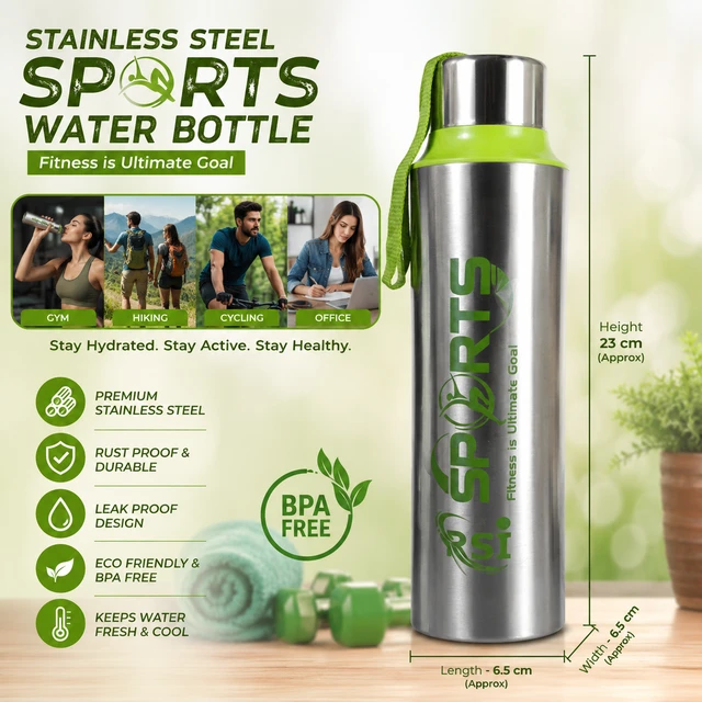 Stainless Steel Sports Water Bottle with Carry Strap ( RANDOM COLOURS )| Leakproof Reusable Drinking Bottle | Lightweight Travel, Gym, Office & School Water Bottle