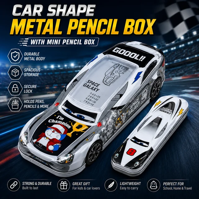 Car Shape Metal Pencil Box for Kids WITH MINI PENCIL BOX ( RANDOM COLOURS & DESIGNS)| Cartoon Racing Car Design Pencil Case | Large Capacity Stationery Storage Box | Durable Tin Pencil Box for School Boys & Girls
