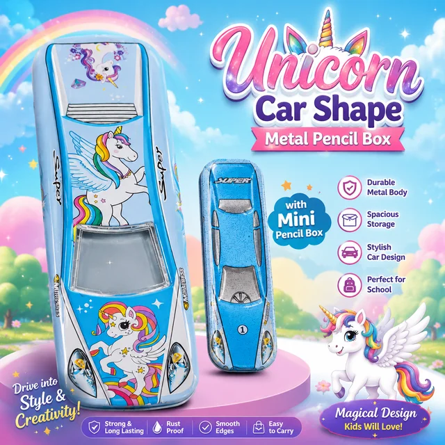 Unicorn Car Shape metal Pencil Box With mini pencil Box for Kids | Multi-Compartment Stationery Storage Case | Durable Metal Body | Cute Unicorn Design Pencil Case for School Girls & Boys