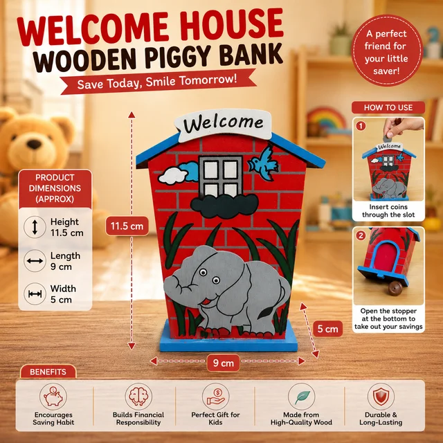 Wooden House Shape Piggy Bank for Kids | Cartoon Elephant Design Money Saving Box | Educational Coin Bank for Boys & Girls | Wooden Coin Collection Box Home Décor Gift