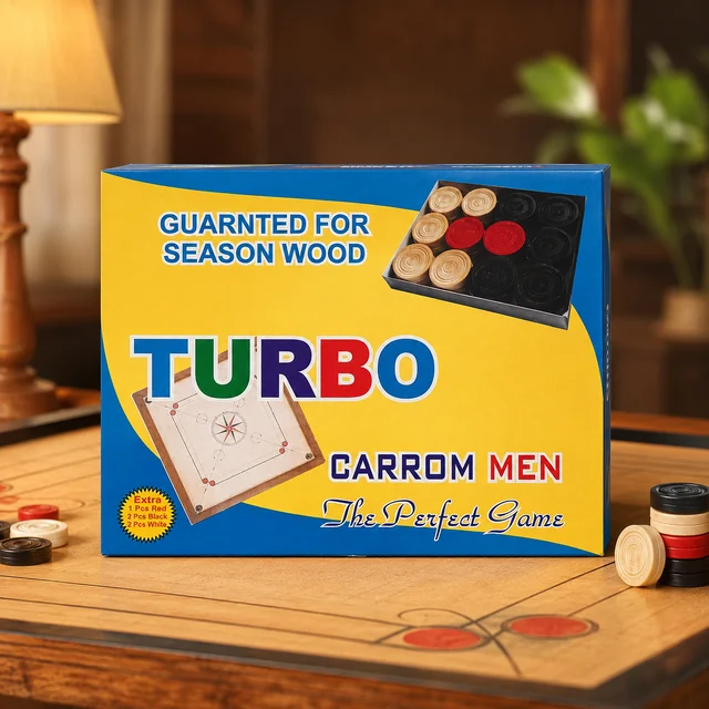 TURBO Carrom Men Set for Carrom Board Game | Seasoned Wood Carrom Coins with Extra Pieces | Smooth Finish Professional Carrom Men Set for Kids & Adults -
