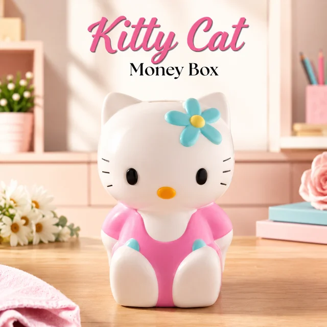 Kitty Cat Money Box for Kids – Cute Cartoon Coin Bank with Flower Design | Plastic Saving Piggy Bank for Boys & Girls | Decorative Kids Coin Storage Box for Home & Gift