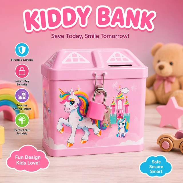 Unicorn Kiddy Bank with Lock & Key for Kids | Metal Coin Saving Box | Cute Pink Money Bank for Girls | Cartoon Unicorn Piggy Bank Gift