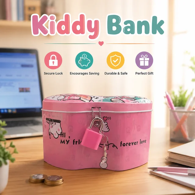 Kiddy Bank for Kids with Lock & Key | Cute Pink Metal Piggy Bank Coin Saving Box for Children | Cartoon Money Saving Bank for Boys & Girls | Birthday Gift Coin Storage Box