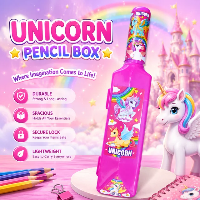 Unicorn Printed Pencil Box for Kids | Cute Pink Multipurpose Stationery Storage Case | Lightweight Pencil Holder for School Girls | Cartoon Unicorn Design Pencil Box