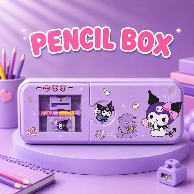 Cute Cartoon Purple Pencil Box for KIDS with Built-in Sharpener| Multi-Compartment Stationery Organizer Box for School Kids
