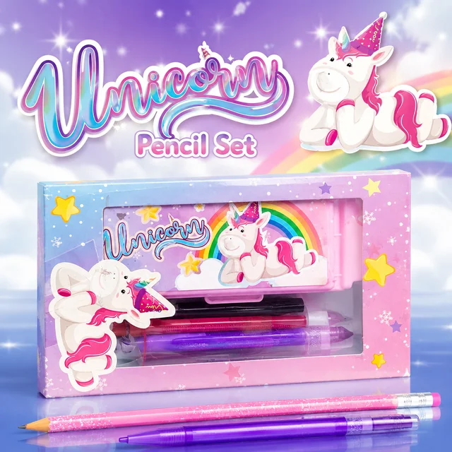 Unicorn 12 Pcs School Combo Set for Kids | Cute Unicorn Pencil Box Stationery Kit with Scale, Pen, Pencil & School Essentials | Cartoon Unicorn Gift Set for Girls
