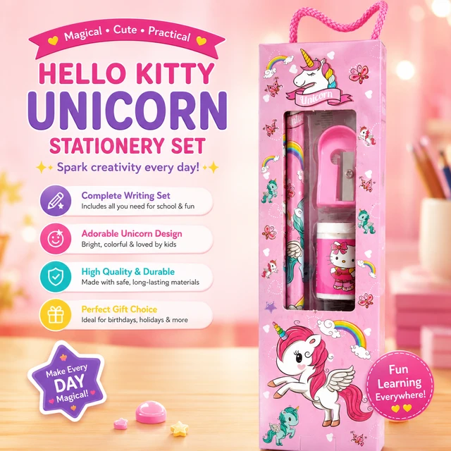 Unicorn Kids Stationery Gift Set with Pencil, Sharpener & Eraser – Cute Cartoon School Supplies Kit for Girls | Pink Unicorn Theme Return Gift Set