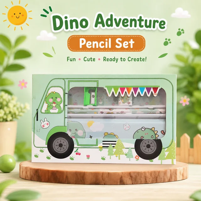 Cute Dinosaur Stationery Gift Set for Kids – Bus Shape Pencil Box with Writing Accessories, Cartoon Art Kit for School, Return Gifts, Birthday Gift Set for Boys & Girls