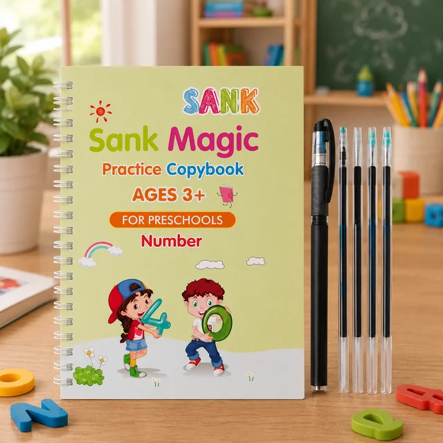 SANK Magic Practice Copybook for Kids Ages 3+ | Reusable Number Writing Book with Magic Pen & Ink Refills | Preschool Handwriting and Number Tracing Workbook for Early Learning