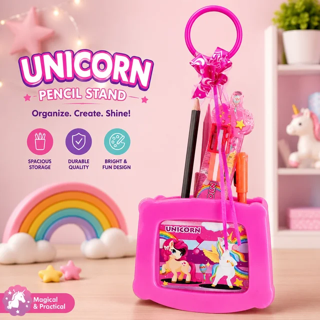 Unicorn Pencil Stand Set for Kids with Stationery Items | Cute Pink Unicorn Desk Organizer for Girls | Portable Pencil Holder with Ruler, Pen, Sharpener & School Accessories